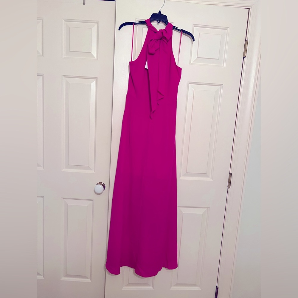 Badgley Mischka Fuchsia High-Low Halter Dress - Picture 2 of 5